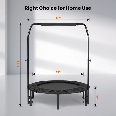 40" Fitness Trampoline Mini Trampoline with Bungees Adjustable Foam Handle Exercise Trampoline for Teenagers Adults Indoor/Garden Workout