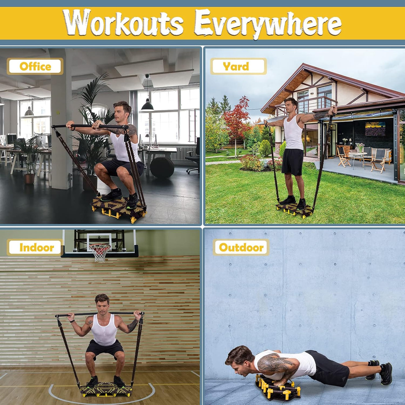 Portable Home Gym with 18 Exercise Accessories Including Fitness Board,Resistance Bands,Ab Roller Wheel and More,Full Body Workout System Suitable for Training Muscle and Burning Fat(Yellow)