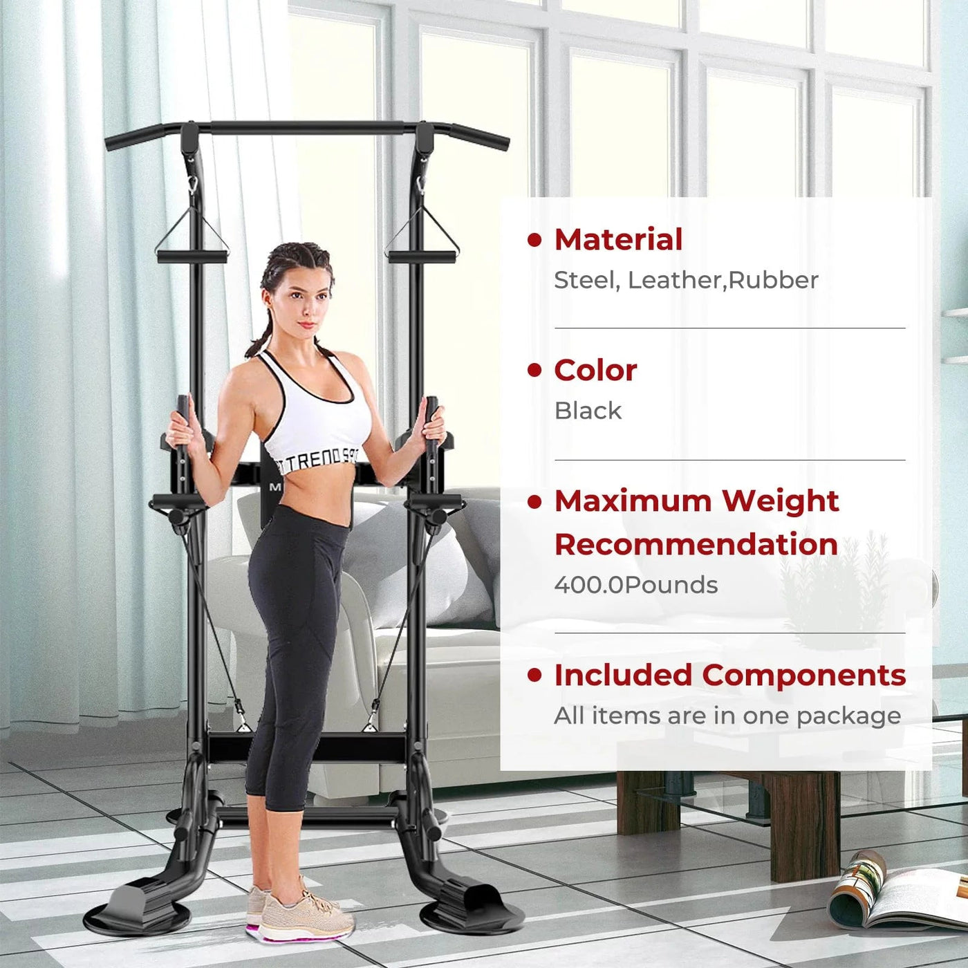 Power Tower Dip Station, Pull up Bar Stand Power Rack with Backrest and Resistance Band, Height Adjustable Strength Training Equipment for Fitness Home Workout, Black