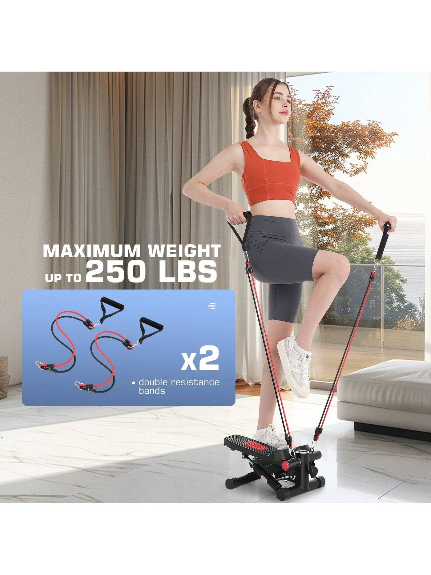 Exercise Stepper, Small Pedal Machine, Specially Designed for Family Sports. Portable, Quiet to Use, Hydraulic Fitness Stairs with Resistance Bands, Calorie Counts Can Weigh up to 330Lbs.Fitness Essentials, without Battery