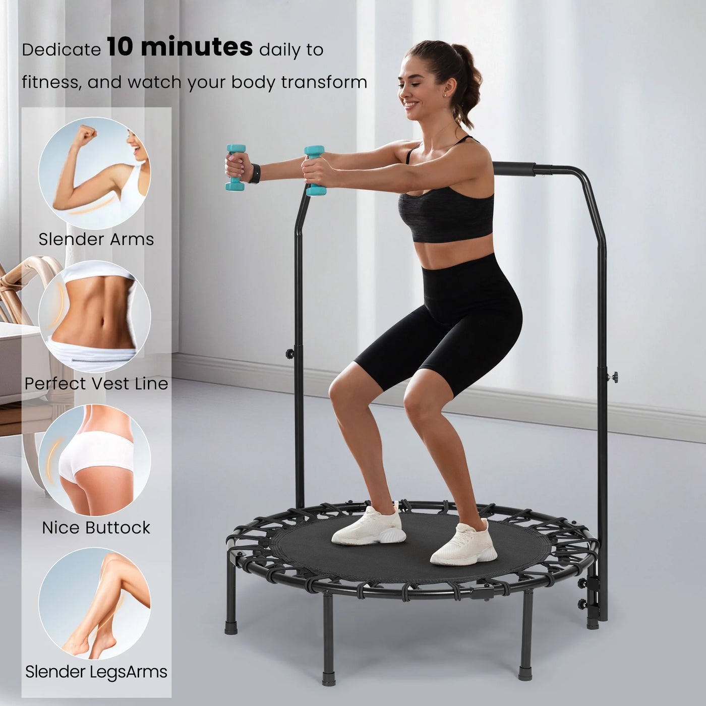 40" Fitness Trampoline Mini Trampoline with Bungees Adjustable Foam Handle Exercise Trampoline for Teenagers Adults Indoor/Garden Workout