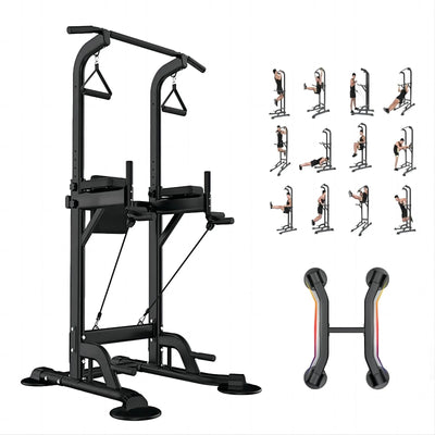 Power Tower Dip Station, Pull up Bar Stand Power Rack with Backrest and Resistance Band, Height Adjustable Strength Training Equipment for Fitness Home Workout, Black